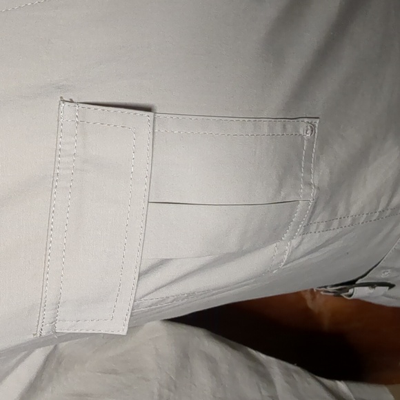 MEXX* 3/4 sleeve faux wrap front side buckle 2pkt side zip access khaki blouse - Picture 5 of 16